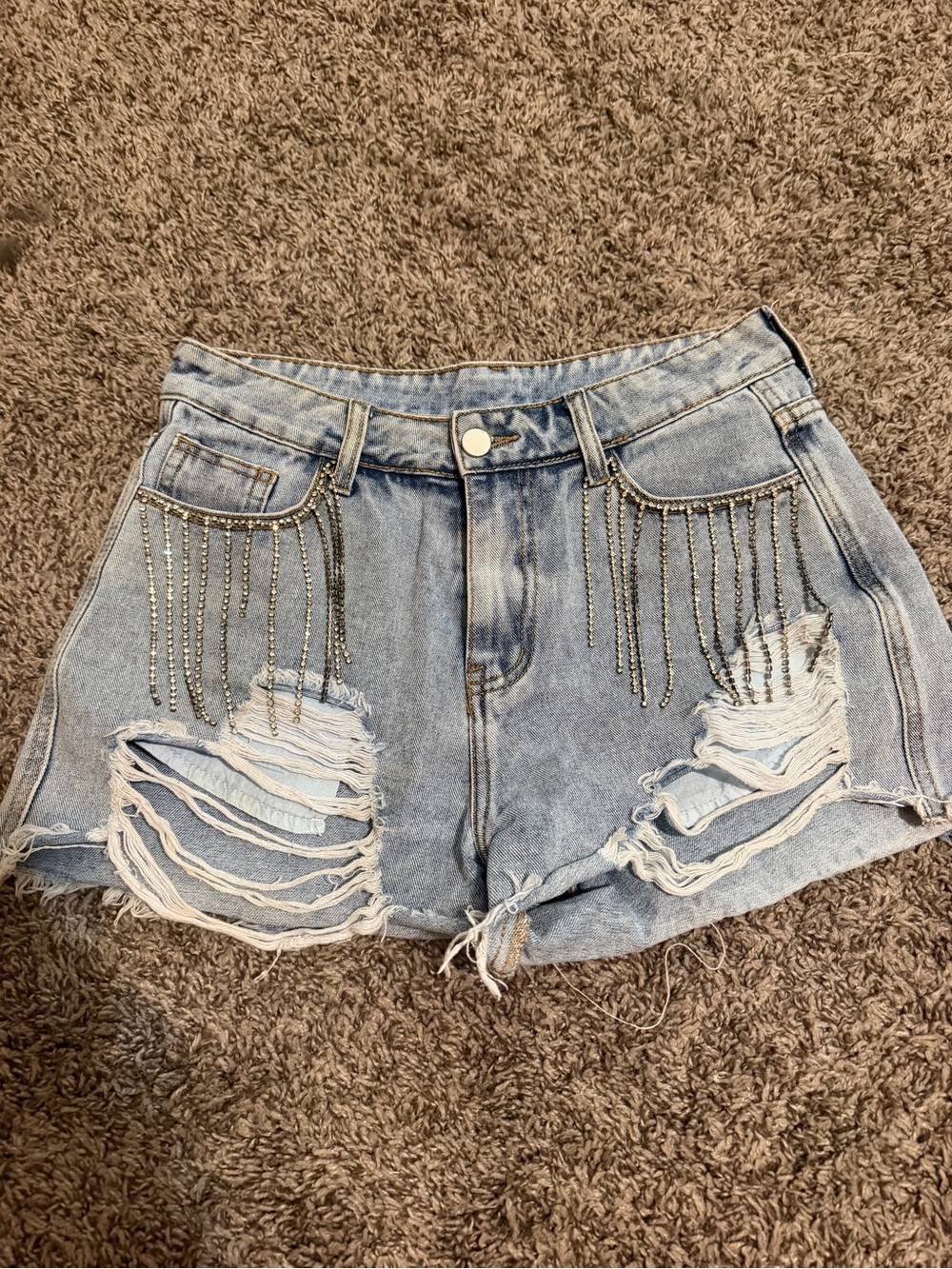 Women’s Light Blue Distressed Denim Shorts with Chain Fringe